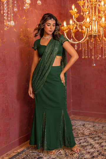 Emerald Green Shimmer Drape Saree