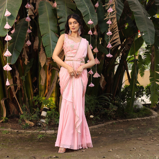 Blush Pink Embroidered Pre-Draped Saree