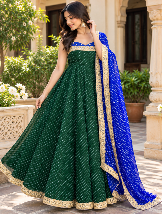 Emerald-Neel Bandhej Flared Gown