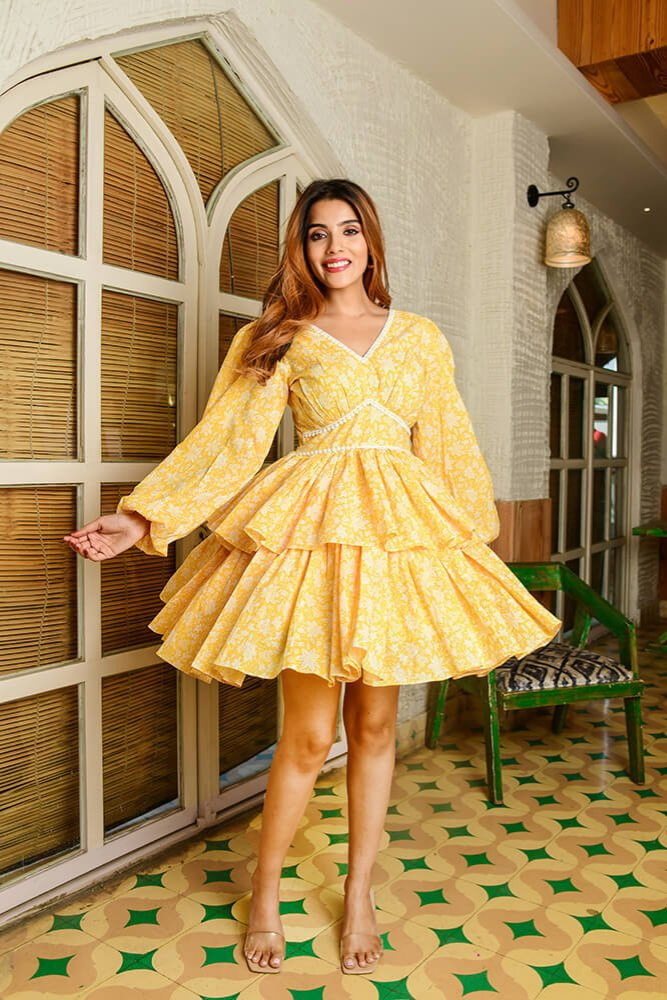 Short Floral Printed Yellow Dress