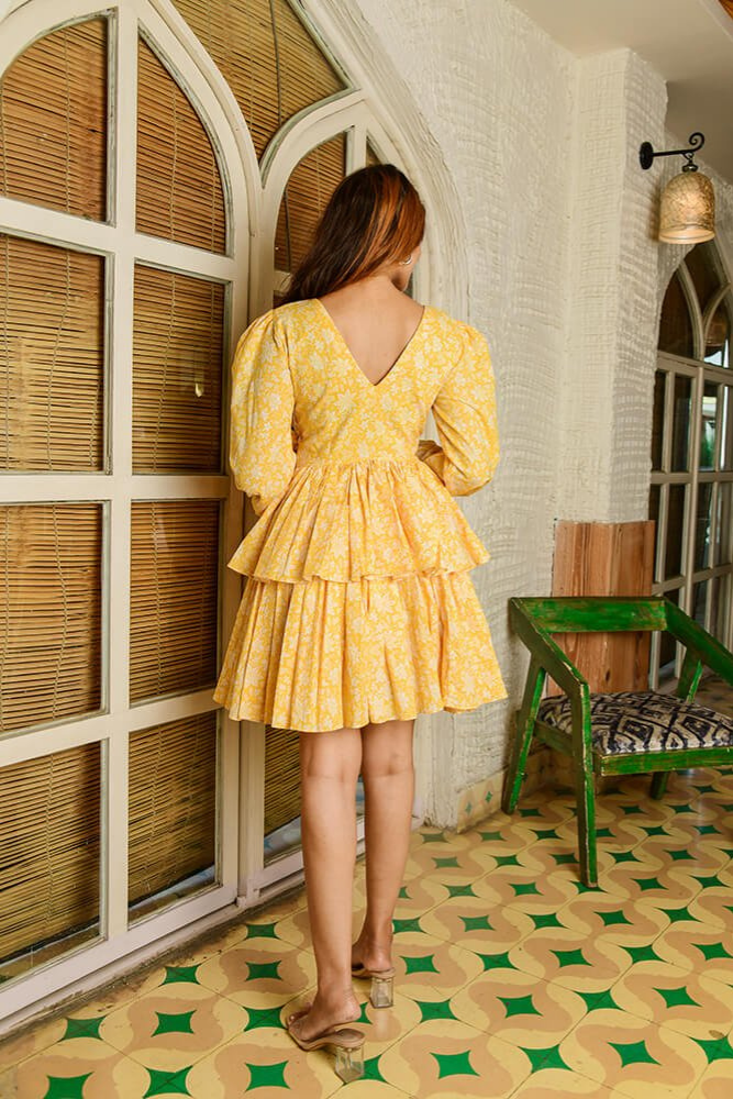 Short Floral Printed Yellow Dress