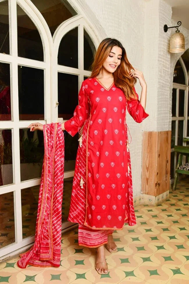 Red Criss Cross Kurta Suit Set