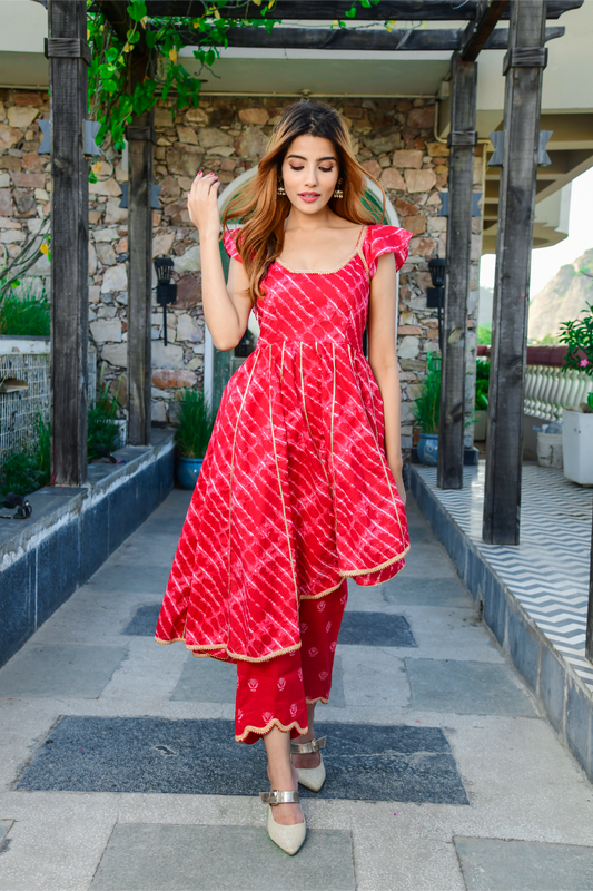 Red Up & Down Kurti And Pant
